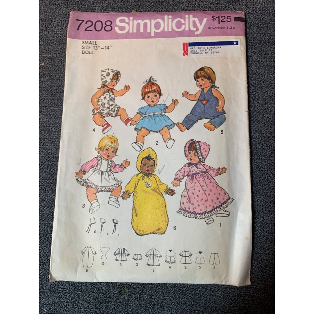 Simplicity 7208 Doll Clothes Pattern for 13"-14" Doll 1975